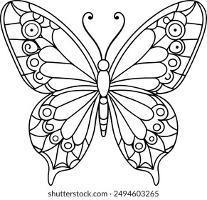 butterfly coloring page kids friendly simple line art cute flying insects with geometric flower mandala design pattern minimal clipart art KDP coloring interior