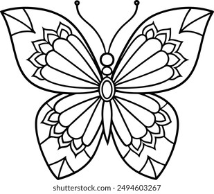 butterfly coloring page kids friendly simple line art cute flying insects with geometric flower mandala design pattern minimal clipart art KDP coloring interior