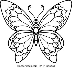 butterfly coloring page kids friendly simple line art cute flying insects with geometric flower mandala design pattern minimal clipart art KDP coloring interior