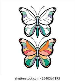Butterfly Coloring page template. Beautiful insect line art, Hand Drawn. Retro style. Spring summer seasons