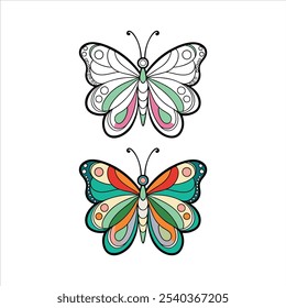 Modelo de página de colorir borboleta. Lindos insetos, desenhados à mão. Estilo retrô. Épocas do verão da primavera