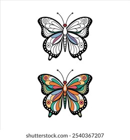 Butterfly Coloring page template. Beautiful insect line art, Hand Drawn. Retro style. Spring summer seasons