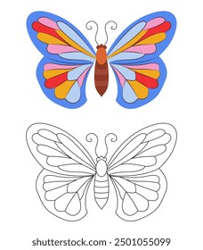 Butterfly Coloring page template. Colorful and black white butterfly doodle style. Beautiful insects line art, Hand Drawn. Retro style. Spring summer seasons. Coloring book