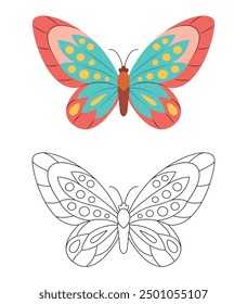 Butterfly Coloring page template. Colorful and black white butterfly doodle style. Beautiful insects line art, Hand Drawn. Retro style. Spring summer seasons. Coloring book