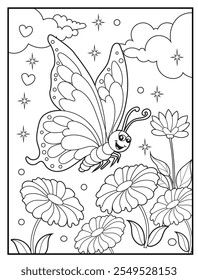 Butterfly coloring pages for kids. Children's coloring books with cute butterfly cartoon character. Black and white printable fun and educational activity sheet for kindergarten.
