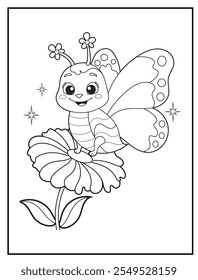 Mariposa para colorear para niños. Libros para colorear de los niños con el carácter lindo de la historieta de la mariposa. Hoja de actividades divertidas y educativas imprimibles en blanco y negro para jardín de infantes.
