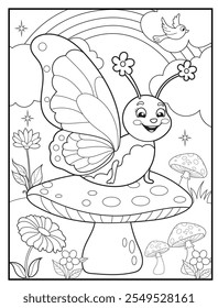 Butterfly coloring pages for kids. Children's coloring books with cute butterfly cartoon character. Black and white printable fun and educational activity sheet for kindergarten.
