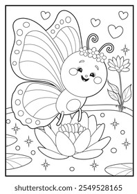 Butterfly coloring pages for kids. Children's coloring books with cute butterfly cartoon character. Black and white printable fun and educational activity sheet for kindergarten.
