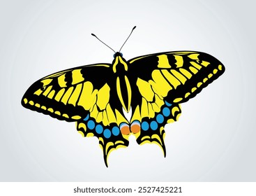 Borboleta com cores azul, preto e amarelo. Plano de fundo isolado