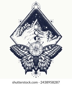 Butterfly, compass and mountains. Sacred geometry style. Esoteric symbol of freedom, harmony, great outdoors, soul and  religion, adventure and travel. T-shirt design concept