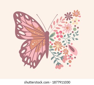 Butterfly Composed of Cute Flowers, Vector Design for Fashion and Poster Prints