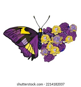 Butterfly Composed of Cute Flowers, Vector Design for Fashion and Poster Prints.Isolated butterfly decorated with various flowers. Butterfly with Flower Wing, Vector Design, Fashion, Poster, Card