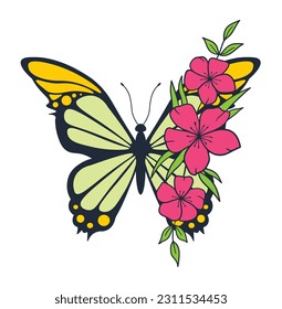 Butterfly Composed of Cute Flowers, Vector Design for Fashion and Poster Prints