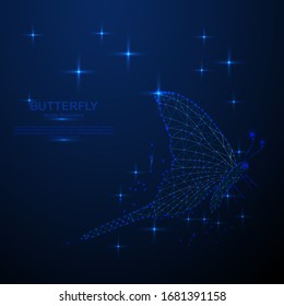 Butterfly composed of polygon. Low poly vector Abstract image of the butterfly at a starry sky or space, consisting of points, lines, and shapes in the form of planets, stars and the universe.