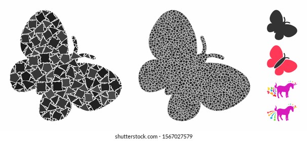 Butterfly composition of inequal items in variable sizes and color tinges, based on butterfly icon. Vector irregular items are united into composition. Butterfly icons collage with dotted pattern.