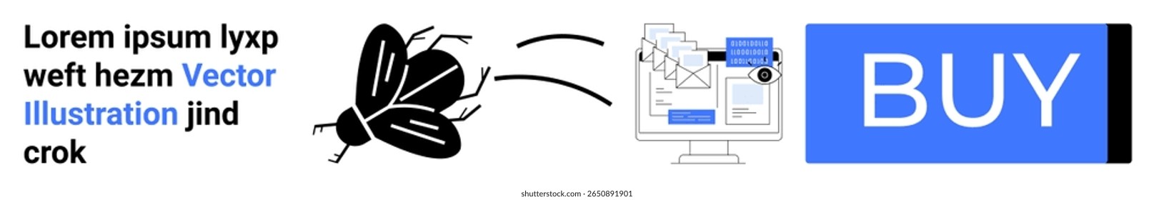 Borboleta, tela de computador exibindo relatório de erros e grande botão COMPRAR. Ideal para desenvolvimento de software, depuração, comércio eletrônico, compras on-line, interfaces do usuário, soluções técnicas, design gráfico