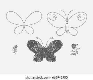 Butterfly consists of lines. Hipster style design set. Black and white linear hand drawn art for card, posters, fabric print. Vector illustration