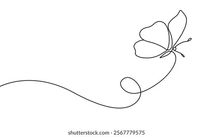 Butterfly Continuous Line Art drawing. Butterfly Flying Isolated Vector Linear Illustration. Simple Hand Drawing for Trendy Minimalistic Background, Pattern, Invitation. Not AI