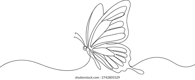 Butterfly continuous line art vector illustration with minimalist design, elegant wings, modern artwork drawing, decorative black graphics