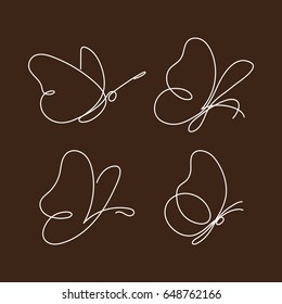 Butterfly continuous line drawing element set isolated on brown background for logo or decorative element. Vector illustration of insect form in trendy outline style.