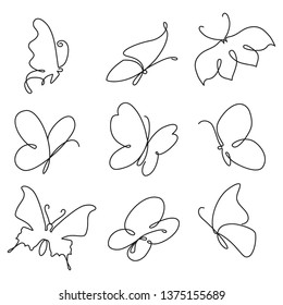 Butterfly continuous line drawing elements set isolated white background  Vector illustration 