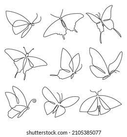 Butterfly continuous line drawing elements set isolated on white background. Vector illustration.