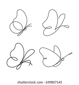 Butterfly continuous line drawing elements set isolated white background for logo decorative element  Vector illustration various insect forms in trendy outline style 