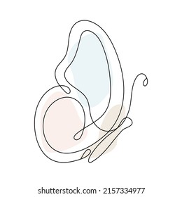 Butterfly continuous line drawing. Outline butterfly flying. Line art insect with abstract pastel color shapes. Vector isolated on white.