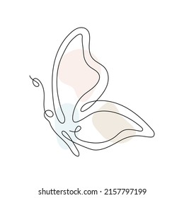 Butterfly continuous line drawing. Outline butterfly flying. Line art insect with abstract pastel color shapes. Vector isolated on white.