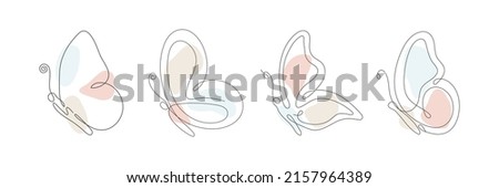 Butterfly continuous line drawing set. Different outline butterflies flying collection. Line art insects with abstract pastel color shapes. Vector isolated on white.