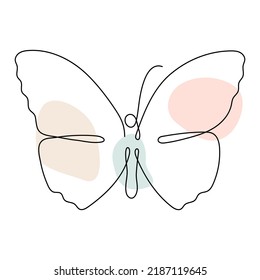 Butterfly continuous one line  drawing. Linear art butterfly flying with abstract pastel color shapes. Vector isolated on white.