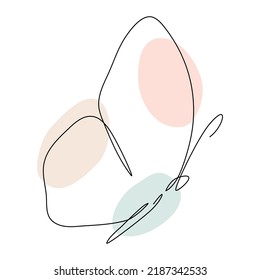 Butterfly continuous one line  drawing. Linear art butterfly flying with abstract pastel color shapes. Vector isolated on white.