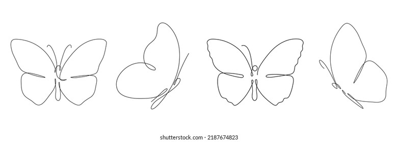 Butterfly continuous one line  drawing set. Linear art butterfly flying collection. Vector isolated on white.