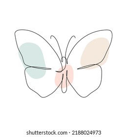 Butterfly continuous one line  drawing. Linear art butterfly flying with abstract pastel color shapes. Vector isolated on white.