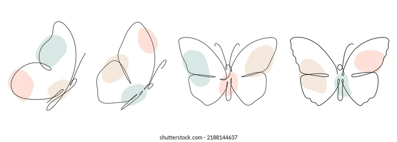 Butterfly continuous one line  drawing set. Linear art butterfly flying with abstract pastel color shapes collection. Vector isolated on white.