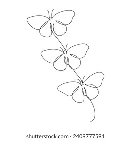 Butterfly continuous one line drawing element isolated on white background 
and single line art outline vector illustration

