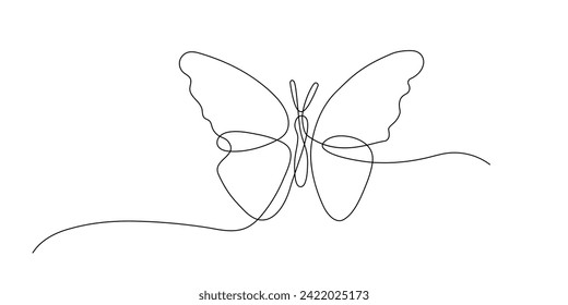 Mariposa Dibujo continuo de una línea. Fondo de primavera o verano. Ilustración de arte de línea blanca y negra. Estilo minimalista dibujado a mano. Logo de la mariposa voladora. Hermoso insecto en vuelo