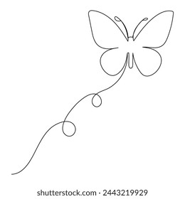 Butterfly continuous one line drawing element isolated on white background 
and single line art outline vector illustration

