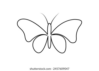 Butterfly continuous one line drawing of  Isolated outline vector art white background 