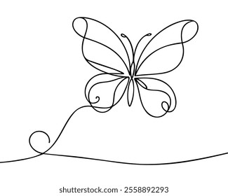 Butterfly continuous one line drawing of Isolated outline vector art. Butterfly One line drawing isolated on white background. Continuous one line drawing of a flying butterfly on a white background.