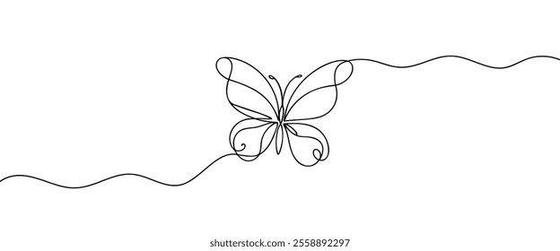 Butterfly continuous one line drawing of Isolated outline vector art. Butterfly One line drawing isolated on white background. Continuous one line drawing of a flying butterfly on a white background.