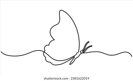 Butterfly continuous one line drawing. Beautiful flying moth for wellbeing beauty or spa salon logo and divider concept in simple linear style. Vector isolated on white
