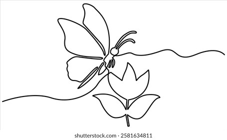 Butterfly continuous one line drawing. Beautiful flying moth for wellbeing beauty or spa salon logo and divider concept in simple linear style. Vector isolated on white
