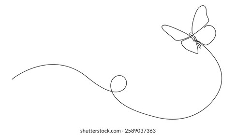 Butterfly Continuous One Line Drawing. Minimalistic Sketch Linear Design of Simple Silhouette Butterfly for Logo, Business Design, Prints, Social Media, Web. Vector Illustration. Not AI
