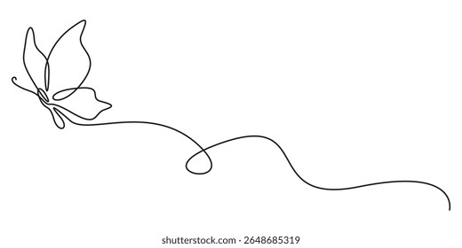 Butterfly continuous one line drawing. Beautiful flying moth for wellbeing beauty or spa salon logo and divider concept in simple linear style.  Doodle vector illustration