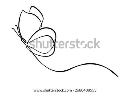 Butterfly Continuous One Line Drawing. Simple Butterfly One Line Drawing. Minimalist Contour Illustration. Vector. Not AI