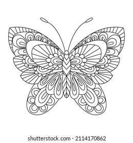 Butterfly, contour linear illustration  for coloring book. Cute insect, anti stress picture. Vector.