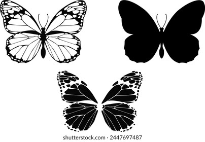 Contornos de mariposa para decoración sobre fondo blanco. Elemento de diseño de mariposa negra de primer plano. Icono de Vector moderno para la decoración del hogar. Silueta de mariposa. Ilustración vectorial de vista frontal para decoración de pared. 