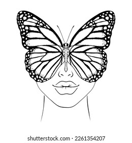 Butterfly covers woman's face.Hand drawn illustration.