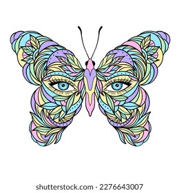 Butterfly covers woman's face.Hand drawn illustration.